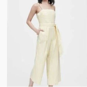 Banana Republic Linen Blend Yellow Striped Wide Leg Cropped Belted Jumpsuit